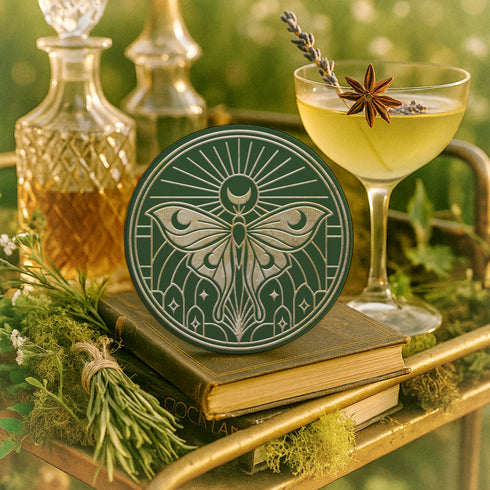 A round, dark hunter green ceramic drink coaster with a non-slip cork back. The top surface features an intricate, engraved-style celestial moth design in a light beige or off-white color. The luna moth is centered under a crescent moon and a radiant sunburst. The design is symmetrical and includes stars and geometric line art, evoking a gothic, witchy, and spiritual aesthetic. The coaster has a matte finish and is designed as a piece of functional art.